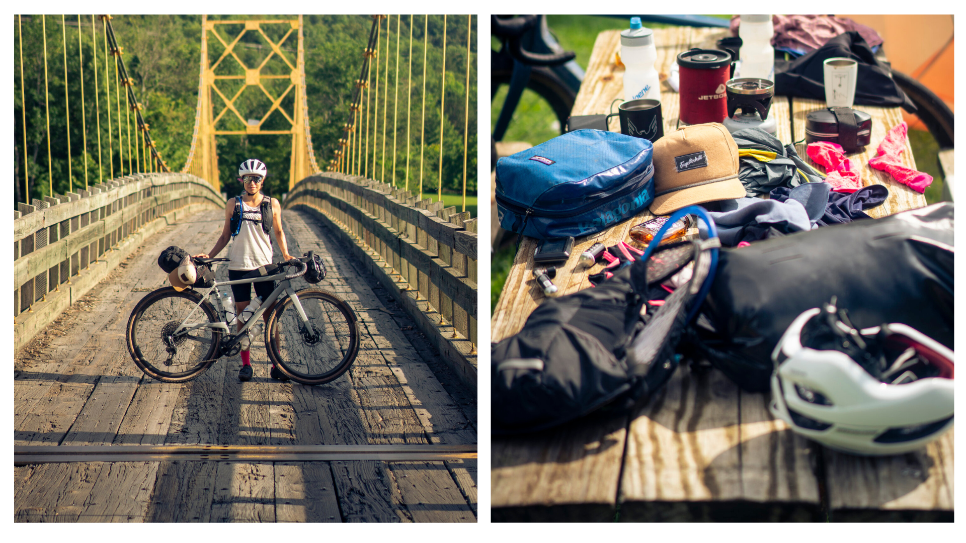 Collage with a picture of a female rider posing for a photo on a bridge, and a photo of gathered camping gear