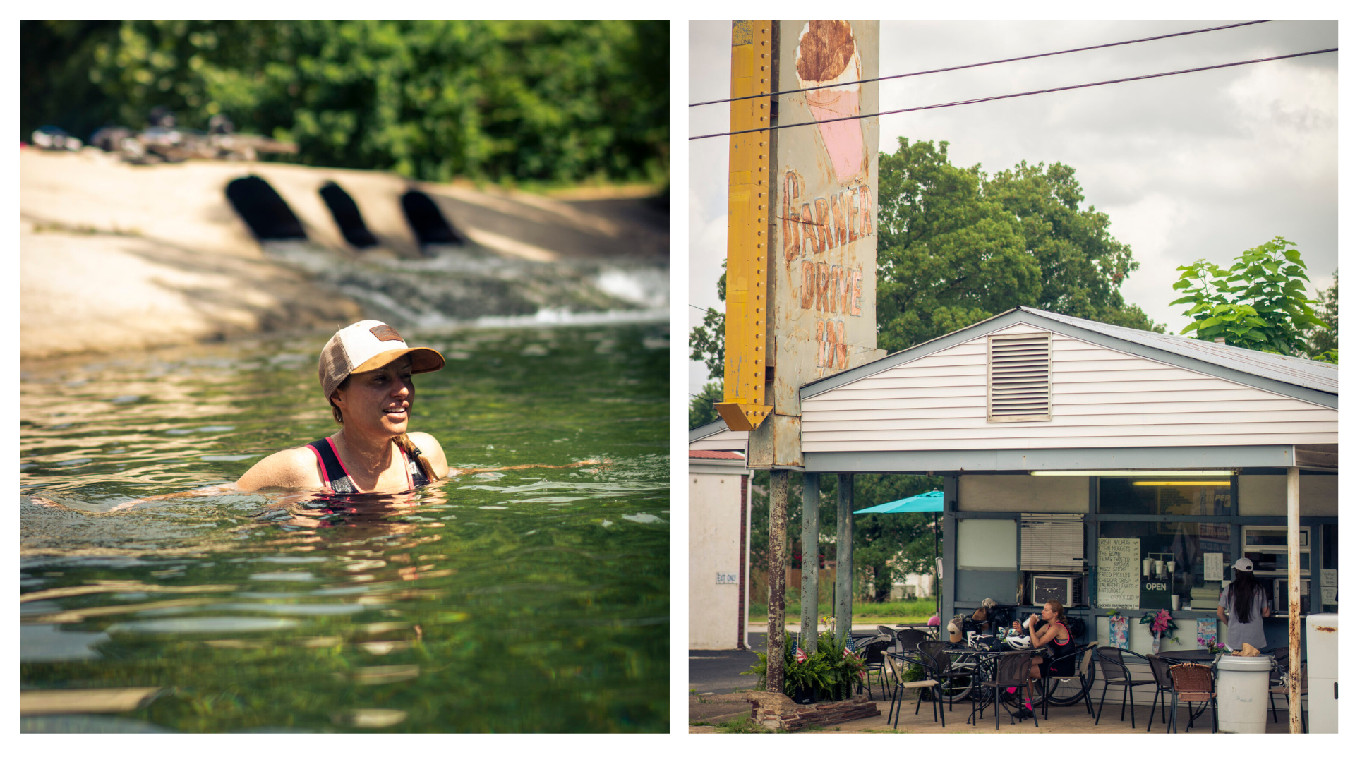 Collage with a photo of a female ride wading in the creek, and a photo of a female rider eating at a diner outside on a bench.