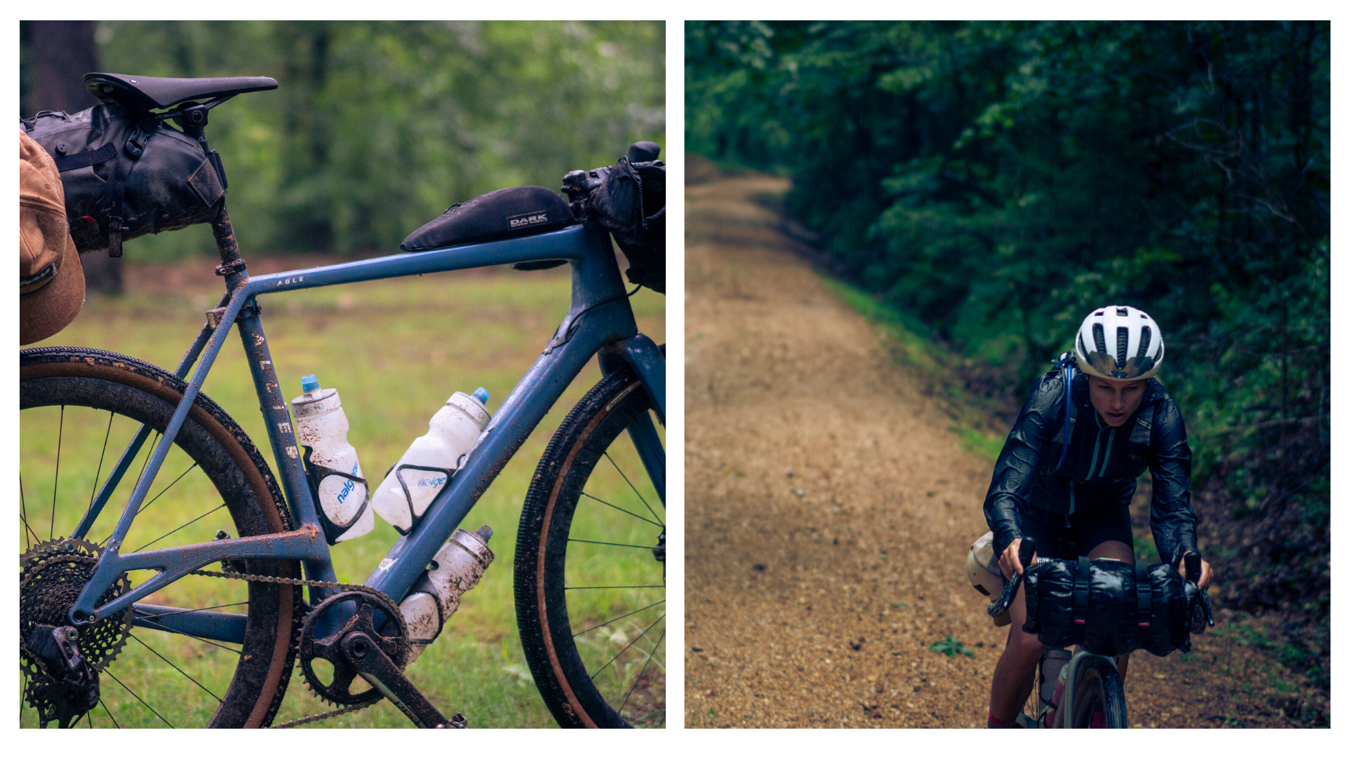 Collage of a photo of a muddy bike and a photo of a female rider riding a climb on a gravel road.