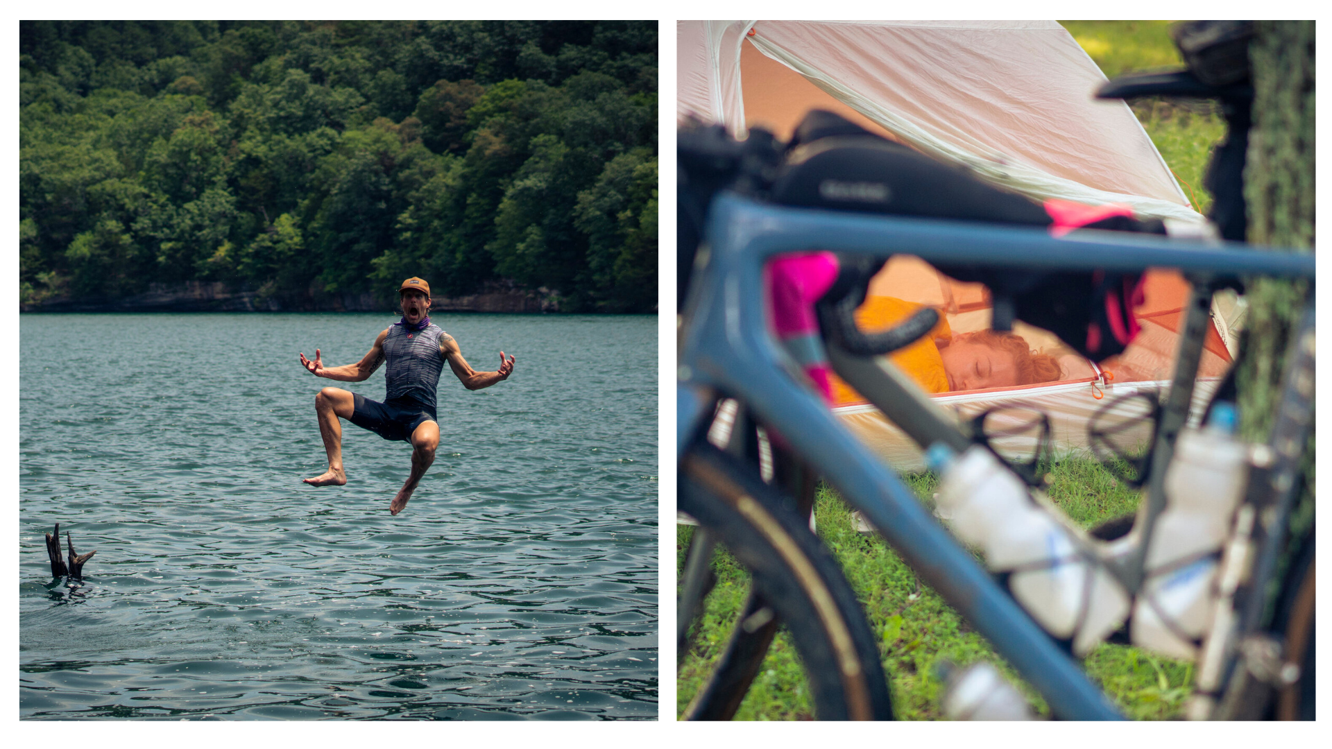 Collage of photo of a male rider jumping into the lake and a closeup shot of a bike with a woman sleeping in the tent in the background.