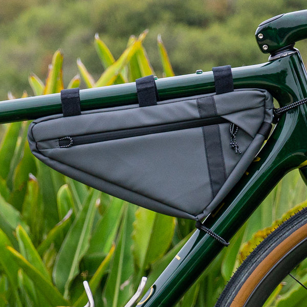 Frame bag on a bike.